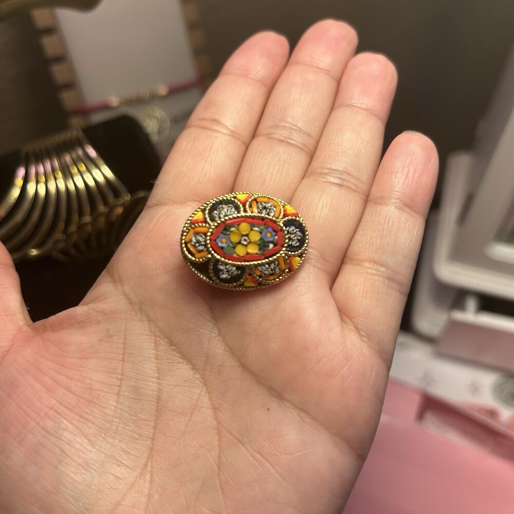 Vintage Italian Micro Mosaic Brooch Pin Italy Oval Floral Millefiori As Is